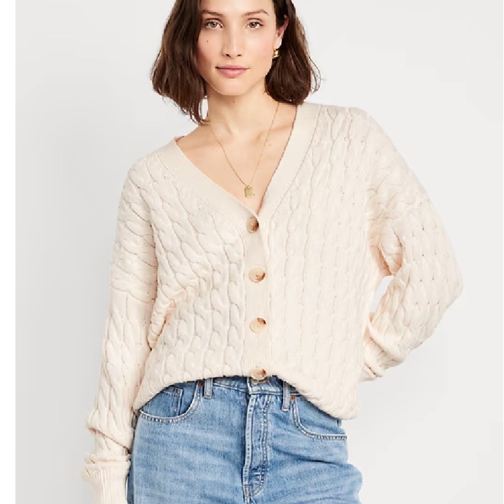 GAP Oversized Slouchy Cable-Knit Cardigan Sweater Cream Varsity 100% cotton S
